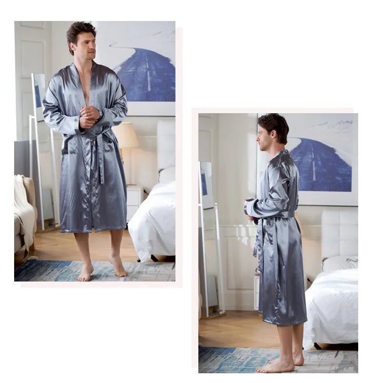 Plus Size 3XL, Men Long Bathrobe Sleepwear, Black Bridegroom Wedding Robe, Spring Summer Sleepwear, Nightwear, Loose Satin Home Wear