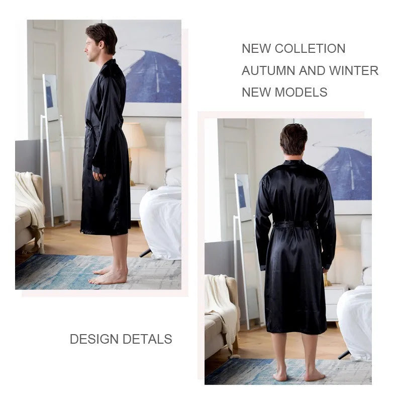 Plus Size 3XL, Men Long Bathrobe Sleepwear, Black Bridegroom Wedding Robe, Spring Summer Sleepwear, Nightwear, Loose Satin Home Wear