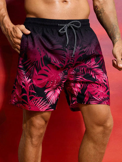 Men's Hawaiian 3D Gradient Palm Tree Pattern Beach Shorts, Quick Dry Outdoor Leisure Sports Shorts, Fashion Men's Shorts