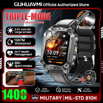 2026 New Military 1400mAh Battery Smart Watch LED Flashlight 10ATM Waterproof Heart Rate Voice Call Men 120+Sports Smart watchs