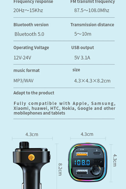 Car MP3 Player FM Transmitter Car Charger Type C Bluetooth 5.0 Handsfree Bluetooth Calling Super Quick Charge Adapter for Car