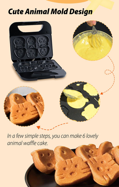 Animal Mini Waffle Maker, 6 Animal Shaped Pancakes Breakfast Machine, Non-Stick Waffler Iron, Household for Kids Adults, Fun Gift
