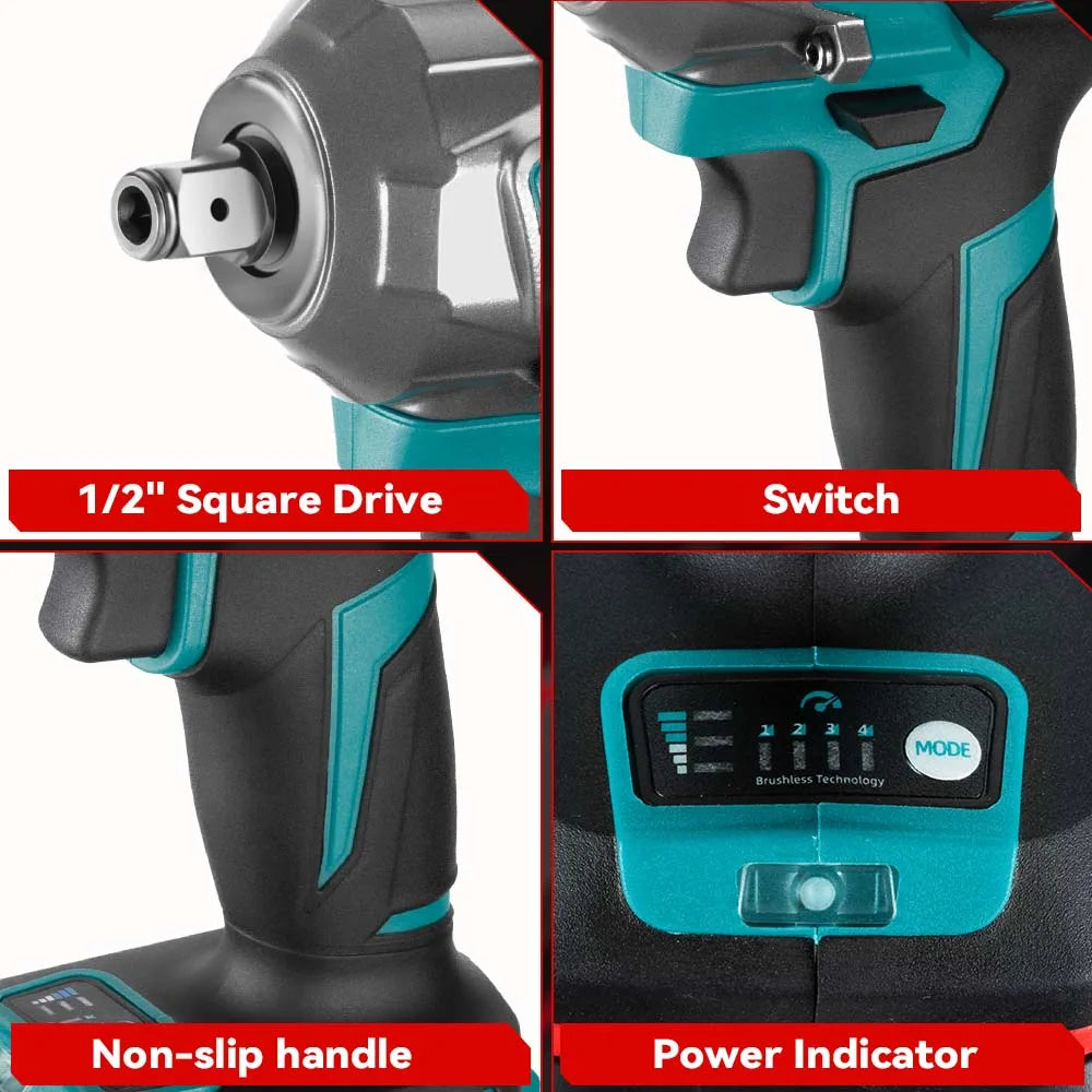 1200N.M Brushless Electric Impact Wrench, 3 Funtion 1/2" Cordless Portable Screwdriver Drill Tools For Makita Battery Pin, ONEVAN