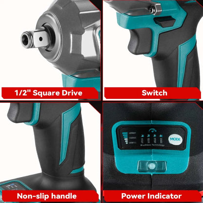1200N.M Brushless Electric Impact Wrench, 3 Funtion 1/2" Cordless Portable Screwdriver Drill Tools For Makita Battery Pin, ONEVAN