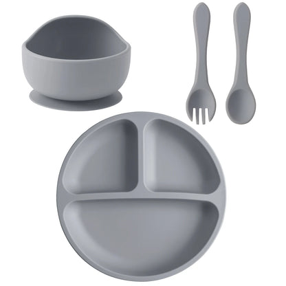4PCS Baby Silicone Feeding Set Suction Dishes Plate Spoon Fork BPA Free Sucker Bowl Toddler Training Tableware Essentials