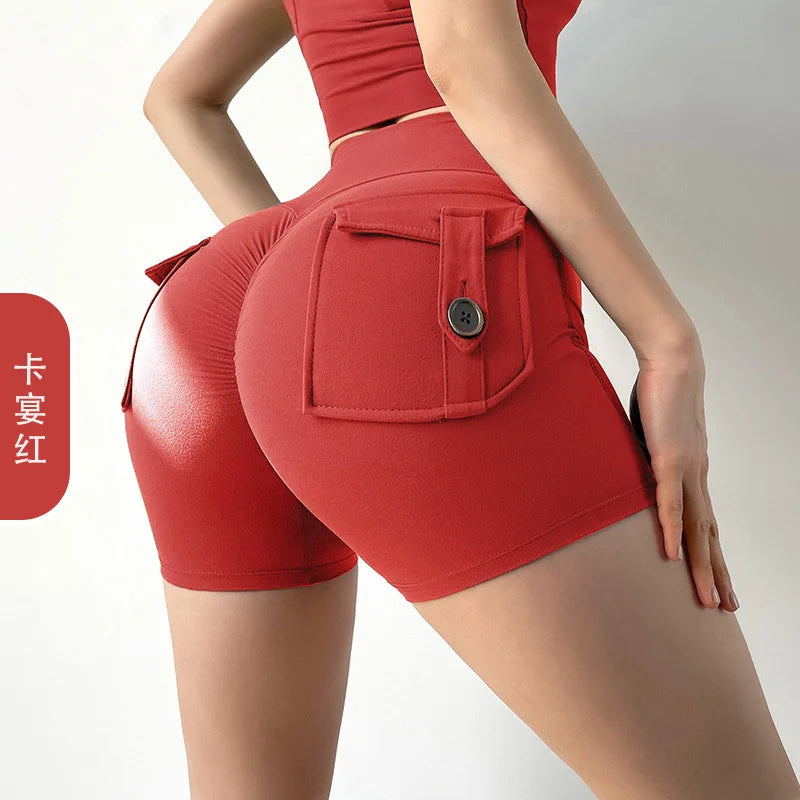 Summer Peach Butt Fitness Exercise Three-Quarter Pants Cargo Air Dry Pocket Yoga Tight Hip Lift Women's Shorts