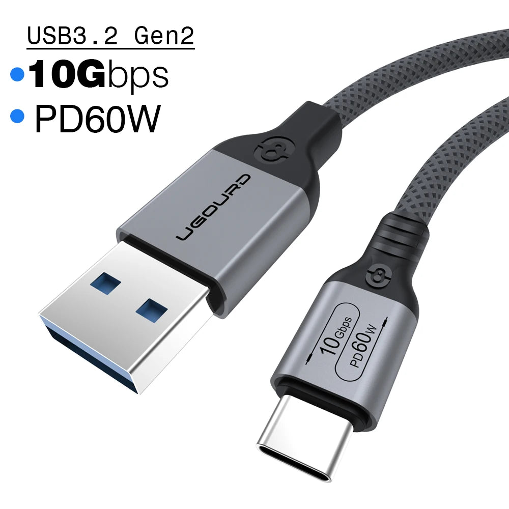 USB3.2 USB3.1 Gen2, 10Gbps Cable, USB-A to USB Type C Cable, 3A 60W Fast Charging, 10G Data Transfer Cord, USB-C for SSD Hard Disk
