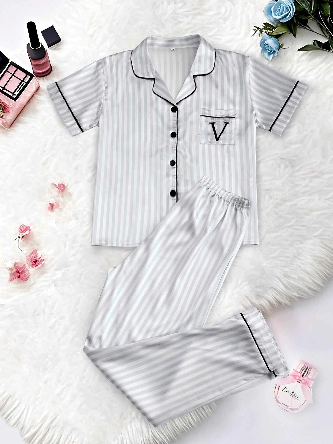 Classic Striped Print And Pocket Letter Short-Sleeve Long Pants Pajama Set, Satin Sleepwear with Lapel Collar and Button Detail