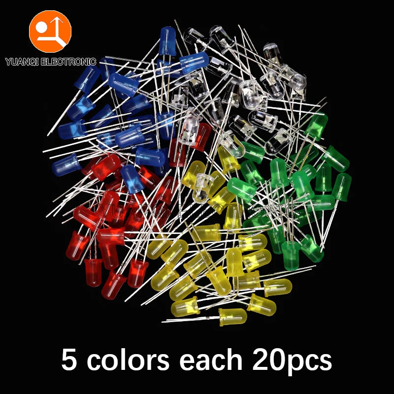 5mm LED Diode, F5 Assorted Kit, White Green Red Blue Yellow Orange Pink Purple Warm White, DIY Light Emitting Diode