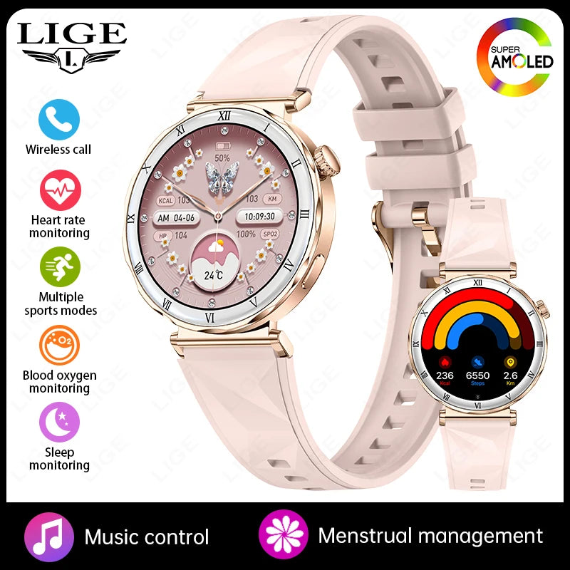 LIGE 1.19"Ultra-Slim AMOLED HD Display Fitness Tracker Smartwatch Bluetooth Call Heart Rate Monitor Waterproof Smart Watch Women