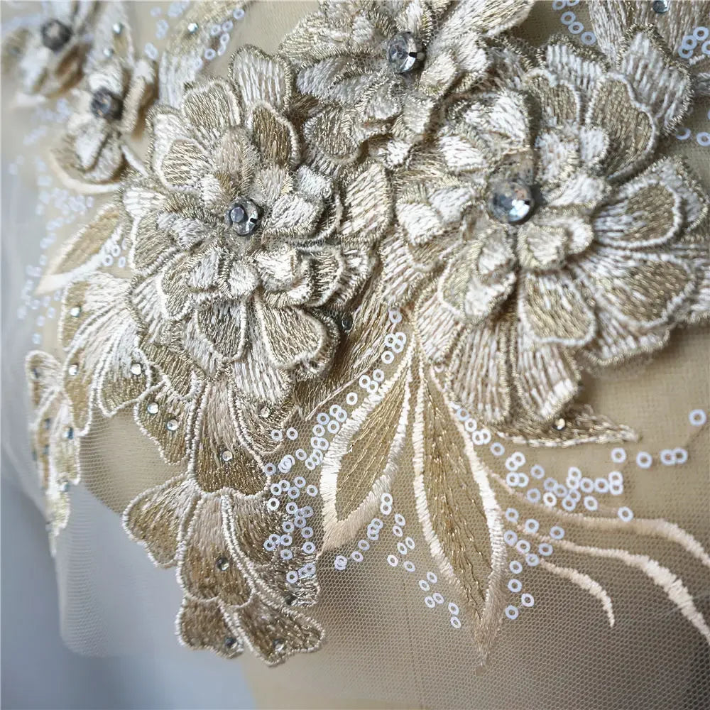 Grey Blue Red 3D Flower Leaf Lace Fabric Sequin Rhinestone Embroidered Gown Appliques Collar Mesh Sew Patch For Wedding Decor