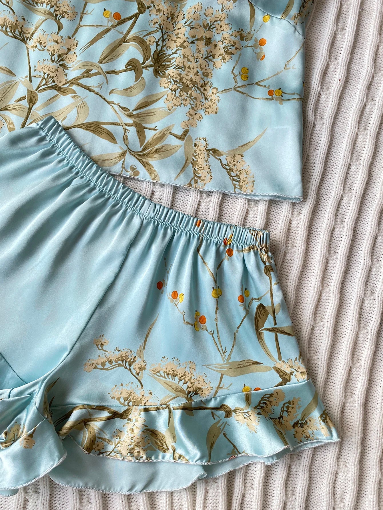 Elegant Floral Print Cami Tops Ruffle Hem Shorts Pajama Set, Women's Sleepwear, Loungewear
