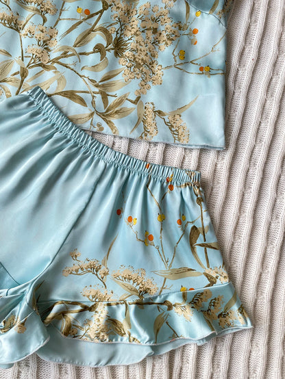 Elegant Floral Print Cami Tops Ruffle Hem Shorts Pajama Set, Women's Sleepwear, Loungewear