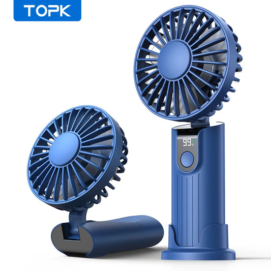 TOPK 5000mAh Mini Portable Fan USB Rechargeable Hand Held Fan,Small Pocket Fan 3 Speeds with Lanyard &Base, USB Desk Fan Foldable