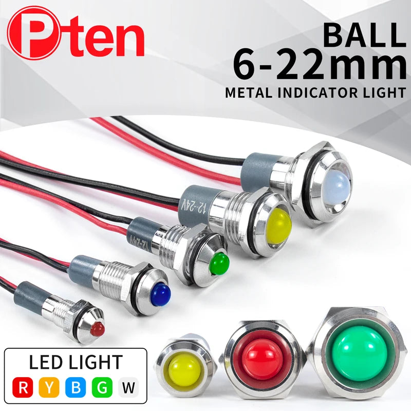 1Pcs 6/8/10/12/16/19/22mm Spherical Metal LED Warning Indicator Light Signal Lamp Pilot Wire 3-6 12-24 220V Power Waterproof IP65