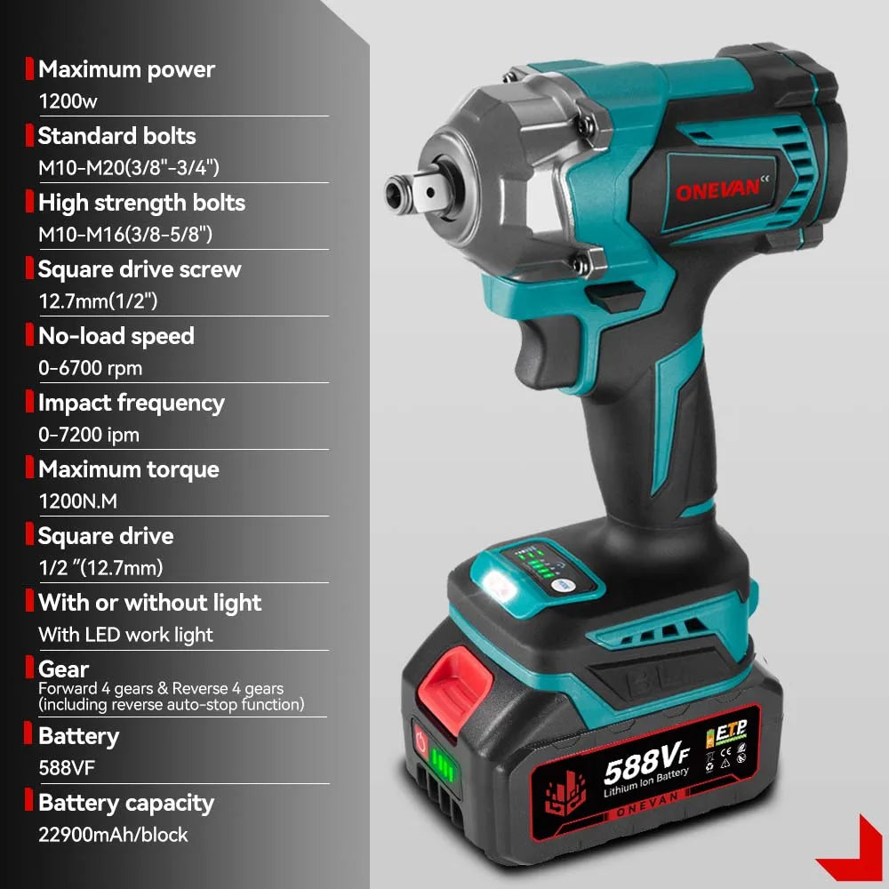 1200N.M Brushless Electric Impact Wrench, 3 Funtion 1/2" Cordless Portable Screwdriver Drill Tools For Makita Battery Pin, ONEVAN