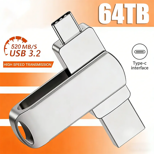 64TB USB 3.2 Flash Drive 520MB/s High Speed 2in1 TypeC OTG Pen Drive Waterproof Large Storage for Phone Computer PC Data Storage