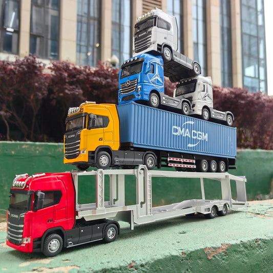1:50 Alloy Diecast Large Truck Model Car Toy Simulation Container Toy Sound and Light Pull Back Transport Vehicle Model Kid Gifts