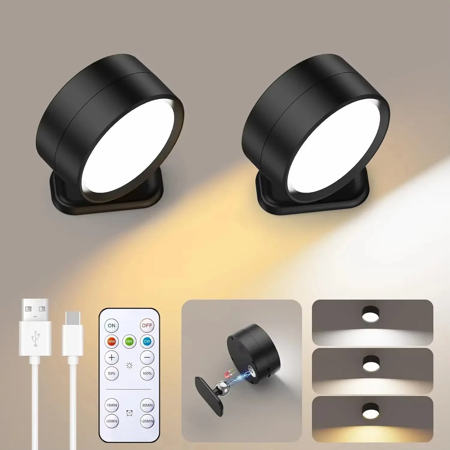 LED Wall Lights with Remote, Rechargeable Wall Mounted Reading Sconces Lamp 2000mAh, 3 Colors & Dimmable Magnetic 360° Rotation