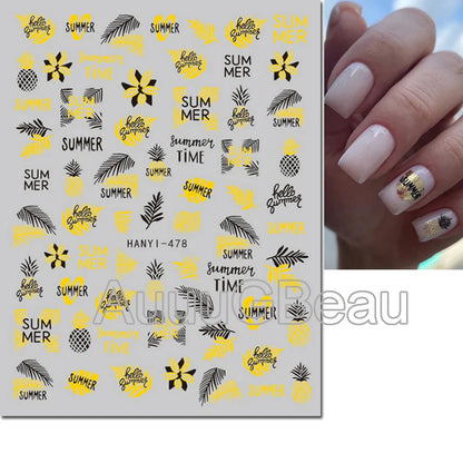 3d Nail Art Decals Tropical Palm Leaves Flowers Laces Faces Adhesive Sliders Nail Stickers Decoration For Nail Manicure