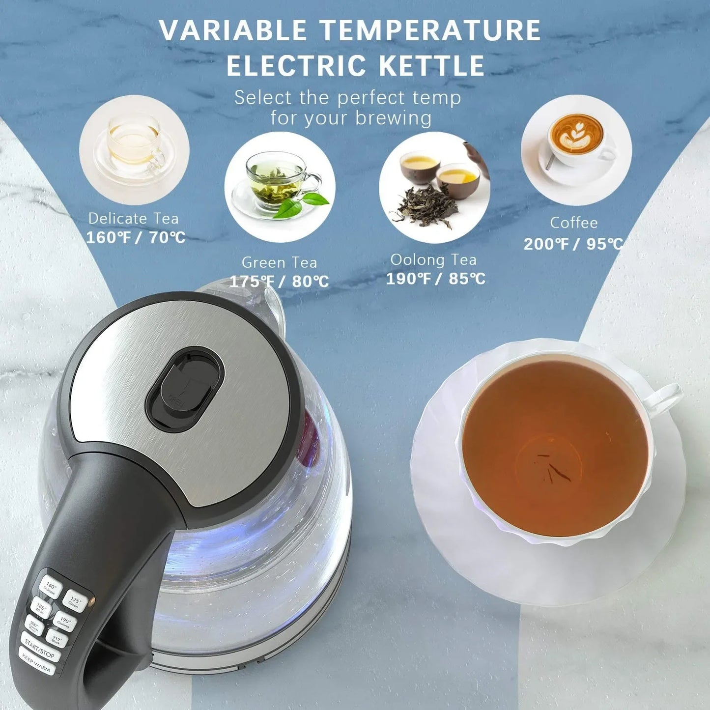 2Liter, Electric Glass Kettle, 2200W Fast Boil Temp Control Keep Warm 4H Auto Shut-Off Boil-Dry Protection for Coffee & Tea, DEVISIB