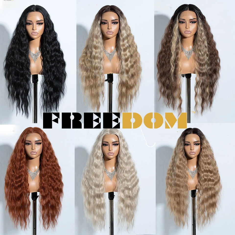 Synthetic Lace Front Wig, Long Deep Wavy Ombre Blonde Ginger Lace Wigs For Black Women, Heat Resistant Cosplay Wigs, FREEDOM