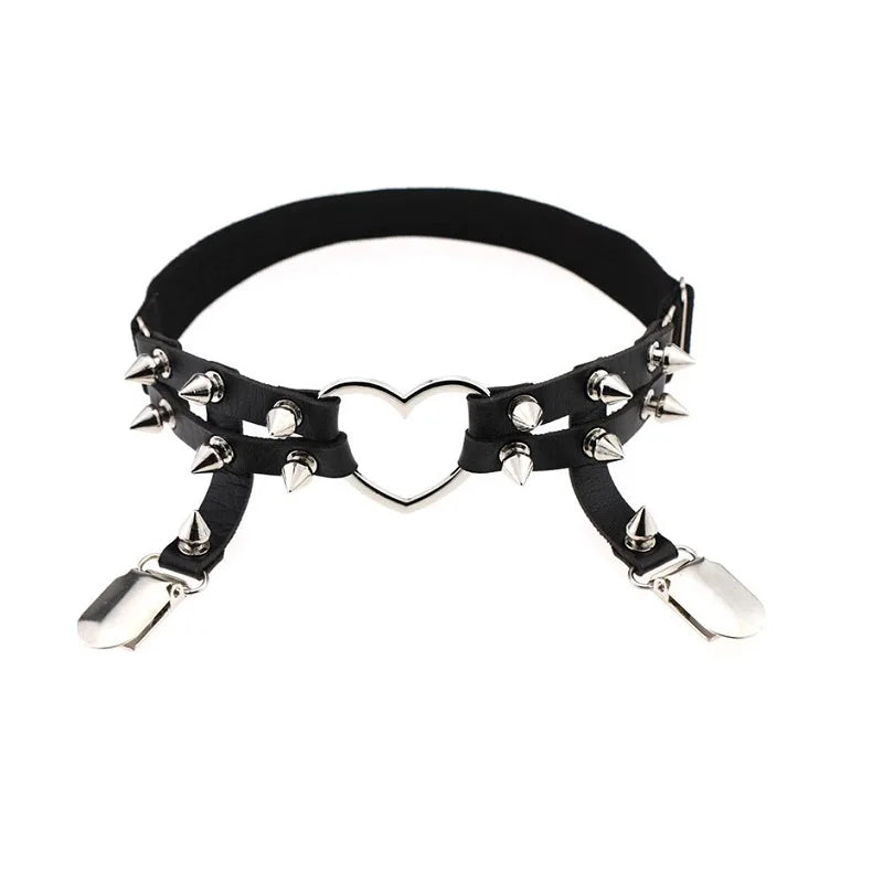 Liguero punk sexy con pinchos, cinturón elástico de roca con remaches, 2 clips, arnés gótico Harajuku para mujer, ligas con tachuelas, medias, liguero