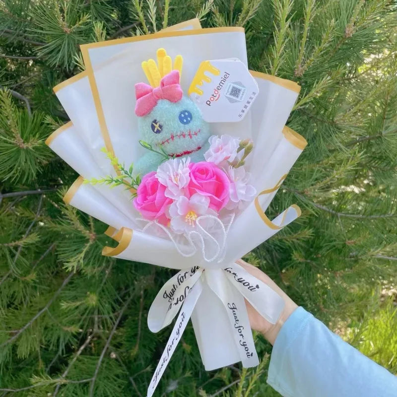 Auténticas muñecas de peluche Amine Stitch con girasoles, rosas, ramos creativos, regalos para Navidad, cumpleaños, graduación y San Valentín