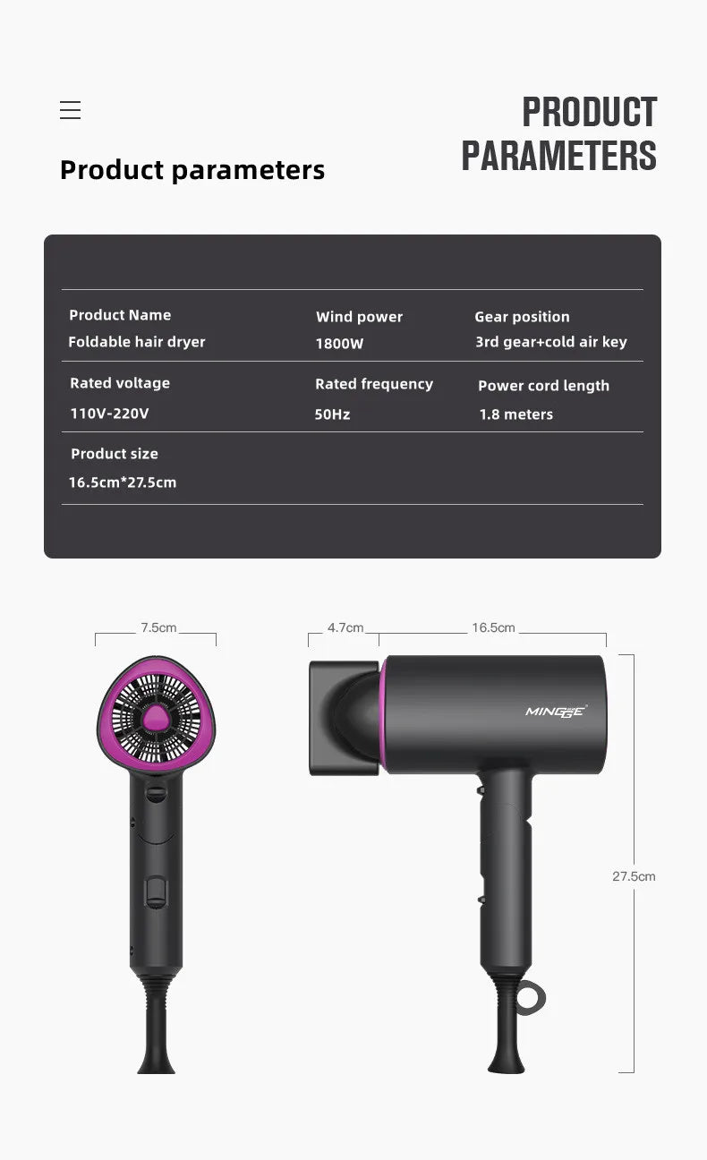 Popular Foldable Hair Dryer 1800W Blue Light Negative Ion Super Silent US/EU/UK Plug 110V/220V Home Barber Recommended