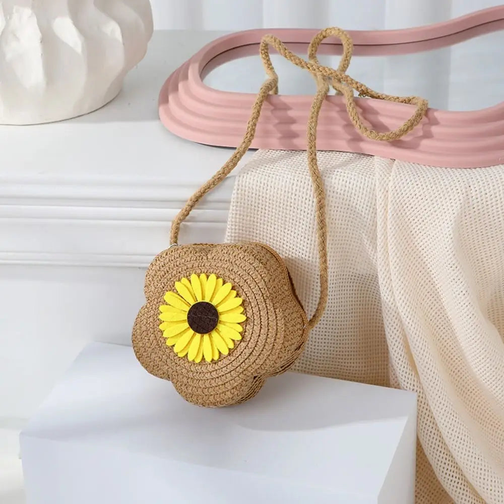 Bolso bandolera de paja duradero, monedero tejido con flores, bolso de mano para niñas, bolso de hombro tipo mensajero para niños, mini bolso de princesa lindo de verano