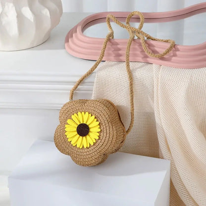 Bolso bandolera de paja duradero, monedero tejido con flores, bolso de mano para niñas, bolso de hombro tipo mensajero para niños, mini bolso de princesa lindo de verano