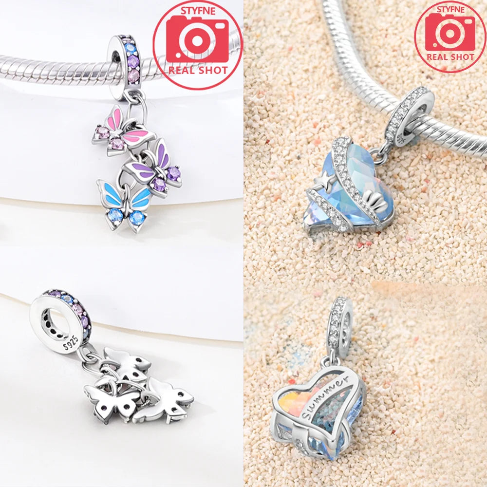 Charms 925 Silver Blue Original Stars Heart Zircon Chameleon Panda Glass Beads Fit Bracelet Jewelry Women Diy Accessories