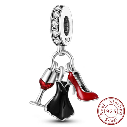Dijes de plata de ley 925 originales, abalorios de cristal de vino, taza de café, dije colgante para pulseras de mujer, joyería DIY, regalo