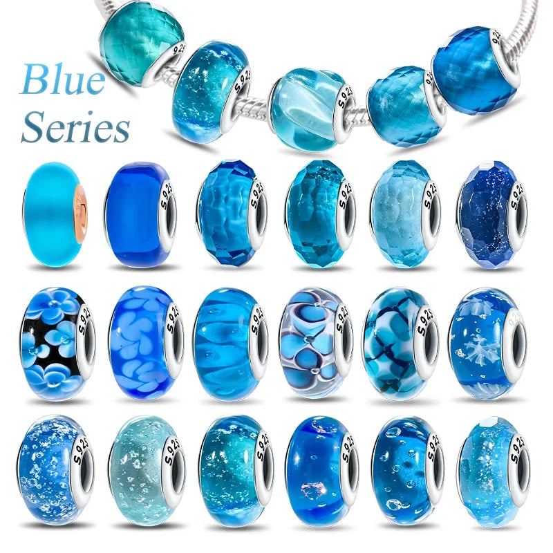 925 Sterling Silver Blue Series Crystal Enamel Murano Charm Bead Fits Original Bracelet for Women DIY Fine Jewelry Gifts
