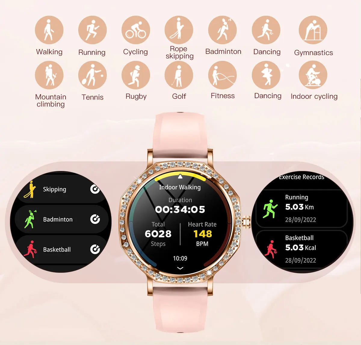 Luxury Women's Smartwatches Diamond Dial Fashion Smart Watch Heart Rate Monitor Sleep Tracking IP67 Waterproof For Android & IOS
