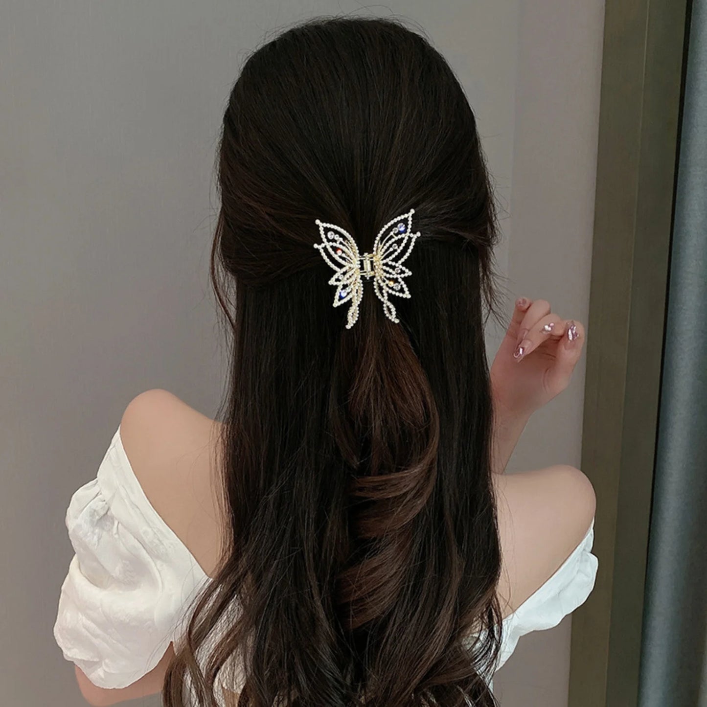 1pc Medium Hair Claw Clip, Non-Slip Hair Clamp, Butterfly Style Rhinestone Pearl Decor Barrettes For Thin Thick Hair