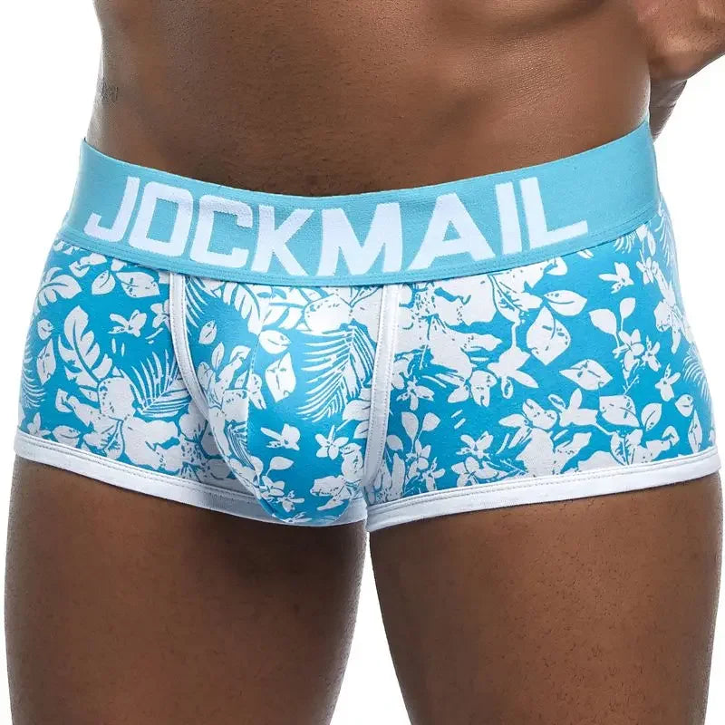 Male Panties, Breathable Boxers, Cotton Men Underwear, U convex pouch Sexy Underpants, Printed leaves Homewear Shorts, JOCKMAIL
