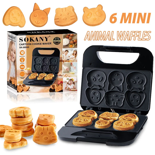 Animal Mini Waffle Maker, 6 Animal Shaped Pancakes Breakfast Machine, Non-Stick Waffler Iron, Household for Kids Adults, Fun Gift