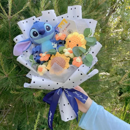 Auténticas muñecas de peluche Amine Stitch con girasoles, rosas, ramos creativos, regalos para Navidad, cumpleaños, graduación y San Valentín