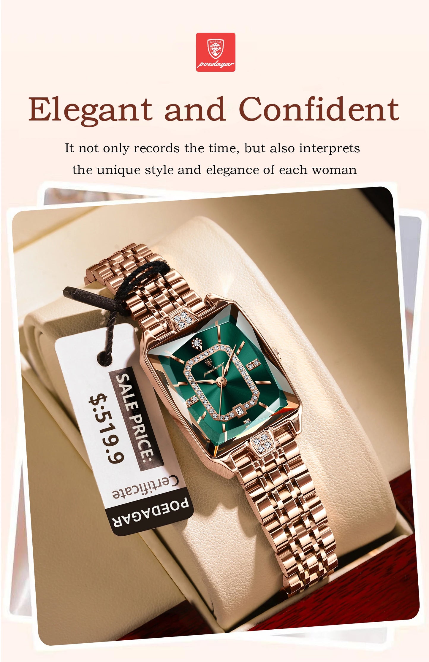 Luxury Watch For Woman, Waterproof Calendar High Quality Ladies Watch, Stainless Steel Quartz Women's Watches With Elegant Box, POEDAGAR