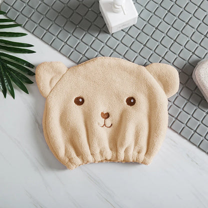 Thinnest Dry Hair Cap for Women, Quick-Drying Absorbent Microfiber Head Towel with Korean Cute Bear Embroidery, Shower Cap Towel