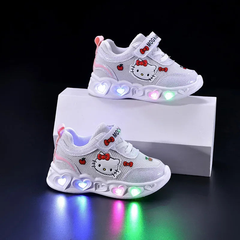 Hello Kitty Kids'Casual Shoes  Led Light Cartoon PU Leather Fashion Sport Flat Bottom Shoes Breathable White Pink Size 21-30