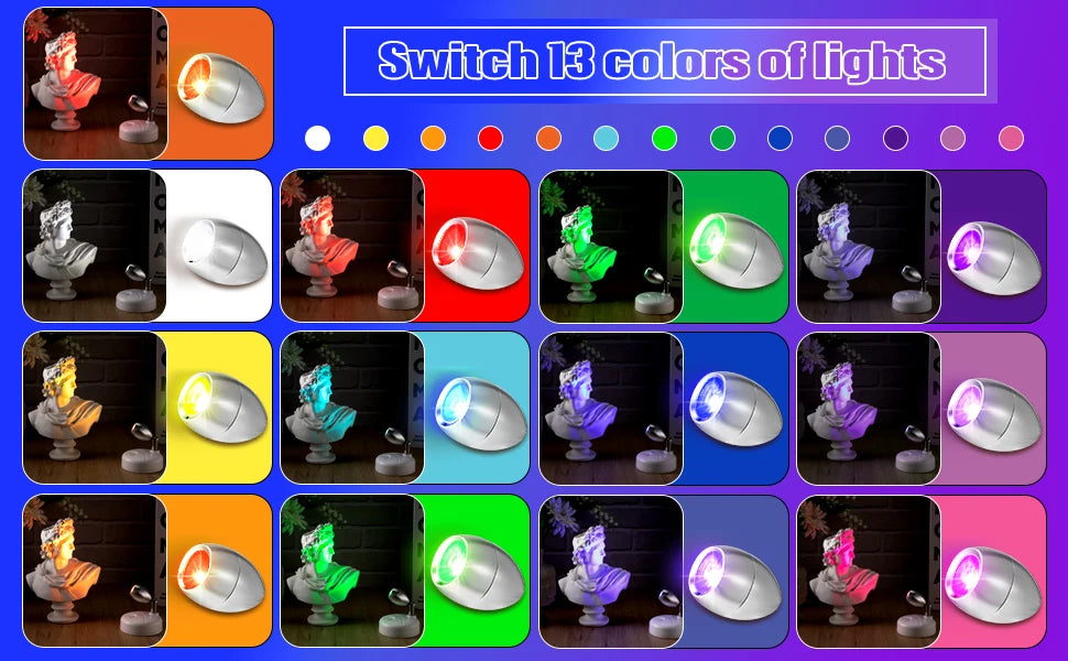 Battery Operated Spotlights, Indoor LED Wireless Spotlight, Indoor 13 Color Uplights with Rotatable Light Head, Stick-on Wall Hallway