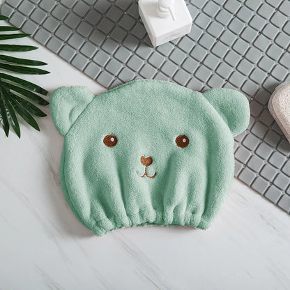 Thinnest Dry Hair Cap for Women, Quick-Drying Absorbent Microfiber Head Towel with Korean Cute Bear Embroidery, Shower Cap Towel