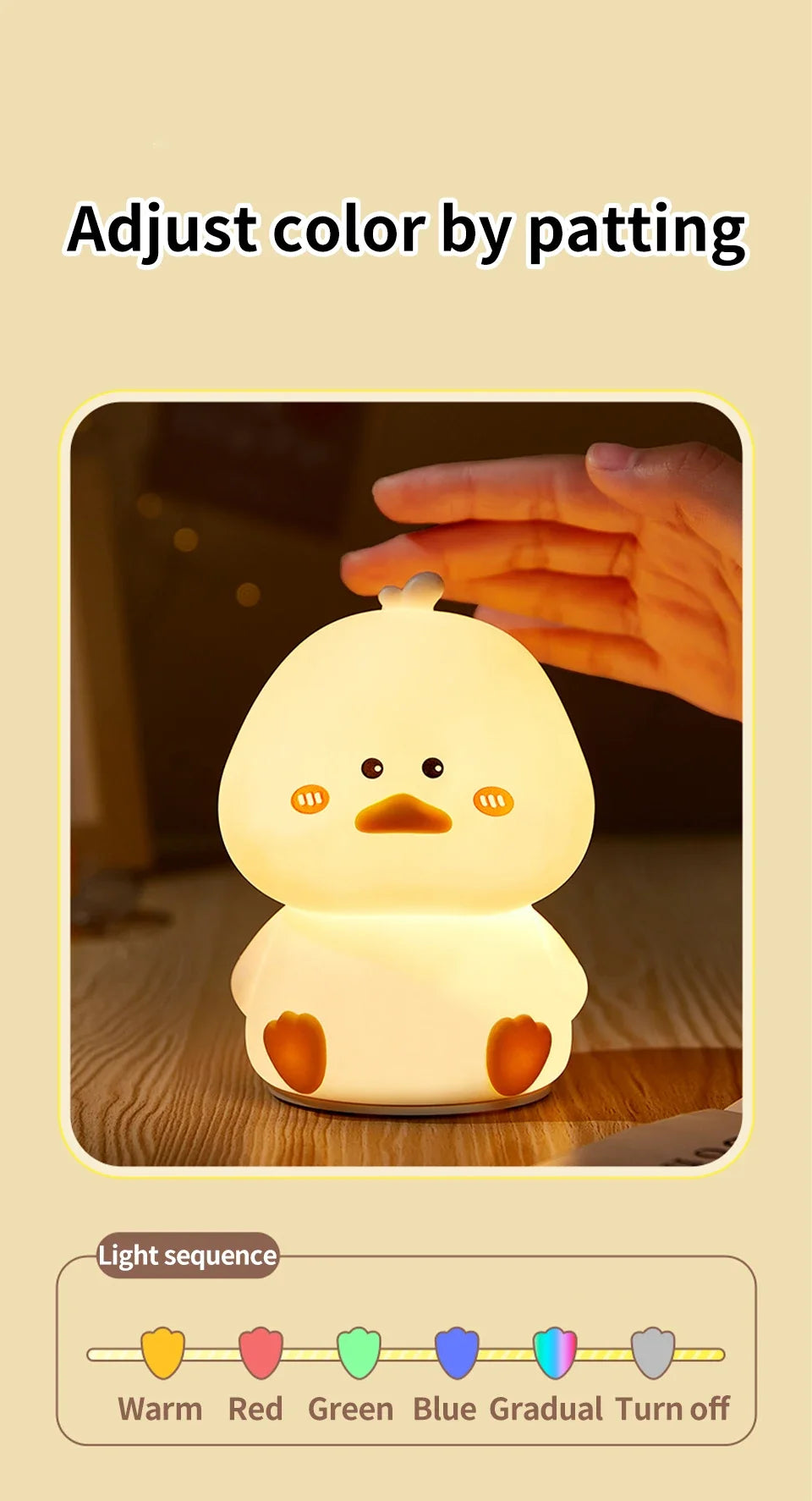 Rechargeable LED Night Light Cute Duck Silicone Patting Lamp Nursery Children Nightlights Home Bedside Room Decor Birthday Gift