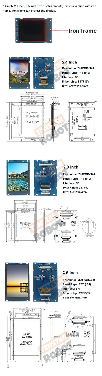 TENSTAR ROBO 2.4 / 2.8 / 3.5 Inch 240x320 320x480 SPI TFT Serial Port Module 5V/3.3V PCB Adapter, ST7789V/ST7796S LCD Display