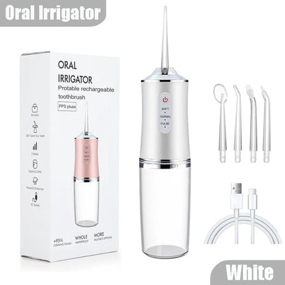 Oral Irrigator, Portable Dental Water Flosser, USB Rechargeable Water Jet Floss, Tooth Pick 4 Jet Tip 220ml 3 Modes