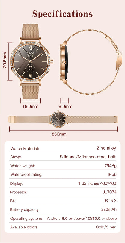 Luxury Women's Smartwatches Diamond Dial Fashion Smart Watch Heart Rate Monitor Sleep Tracking IP67 Waterproof For Android & IOS