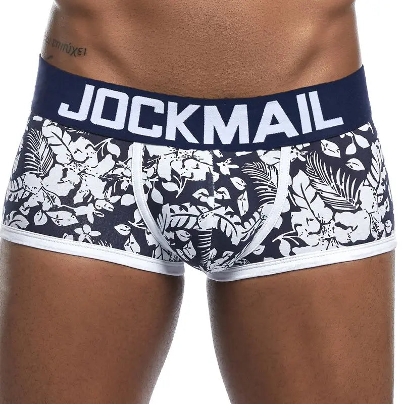 Male Panties, Breathable Boxers, Cotton Men Underwear, U convex pouch Sexy Underpants, Printed leaves Homewear Shorts, JOCKMAIL