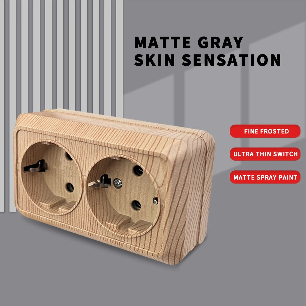 Wood Paint Wall Surface 2 Sockets Plugs EU Exterior Electrical Outlets With Ground Outdoor Power Socket Flame Retardant Plastic